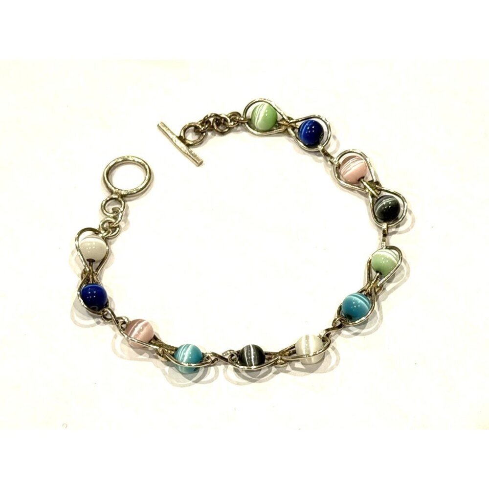 MEXICO STERLING SILVER 925 MULTI-COLOR STONES CAT'S EYE 7.75" BRACELET TOGGLE EU